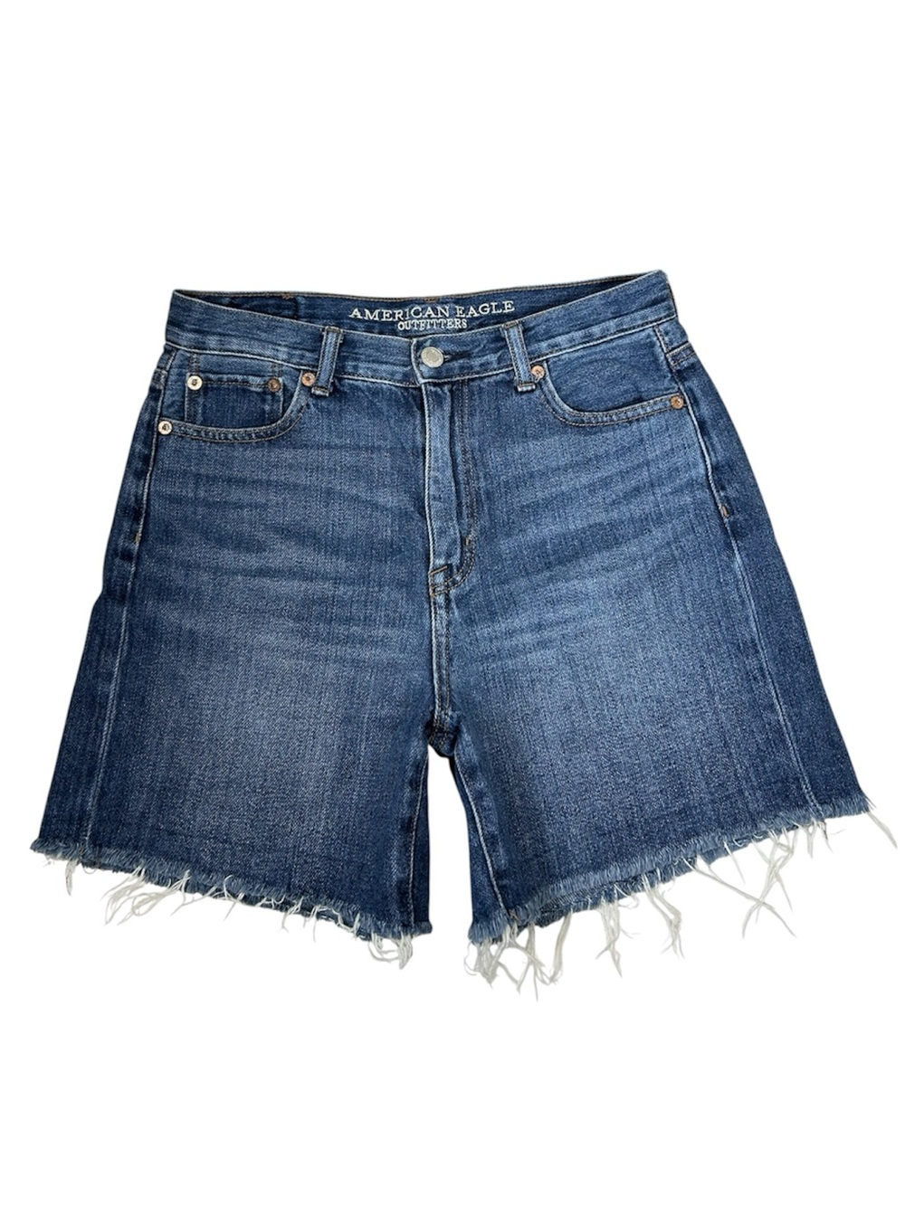 American Eagle Outfitters Cotton Medium Wash HighRise Raw Hem Denim Mom Shorts 2